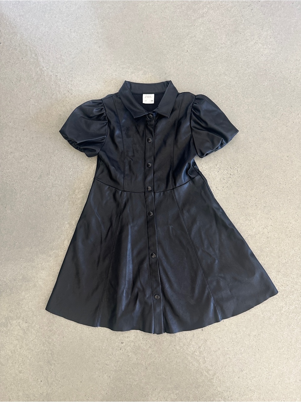 Zara Black Faux-Leather Button Front Mini Dress with Puff Sleeves — girl size 7